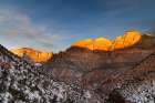 Towers of Virgin and the West Temple at sunrise in Zion National Park, Utah, USA Art Print